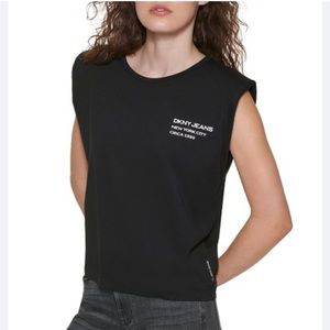 DKNY Jeans Shoulder Pad Logo Muscle Tee Shirt Size Medium Black